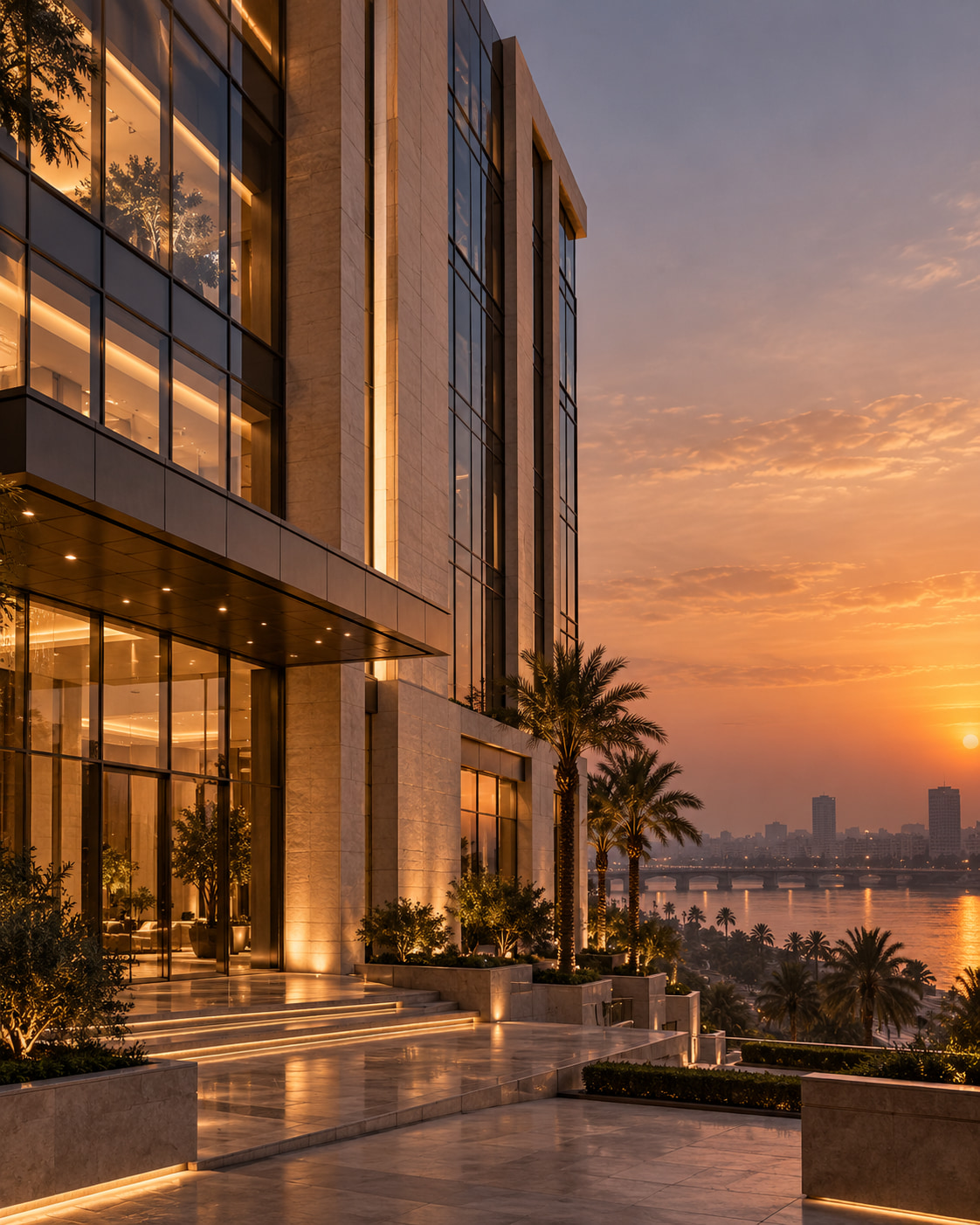 A modern office facade by a river at sunset